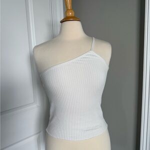 Zara White Asymmetrical Ribbed Tank Top